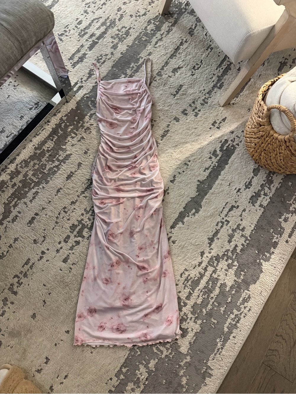 SHEIN Pink Floral Ruched Maxi Slip Dress